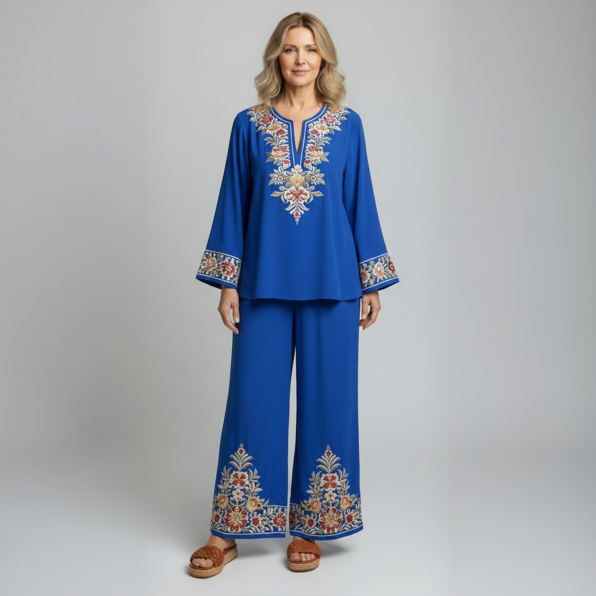 Artistic Floral Embroidered Two-Piece Set