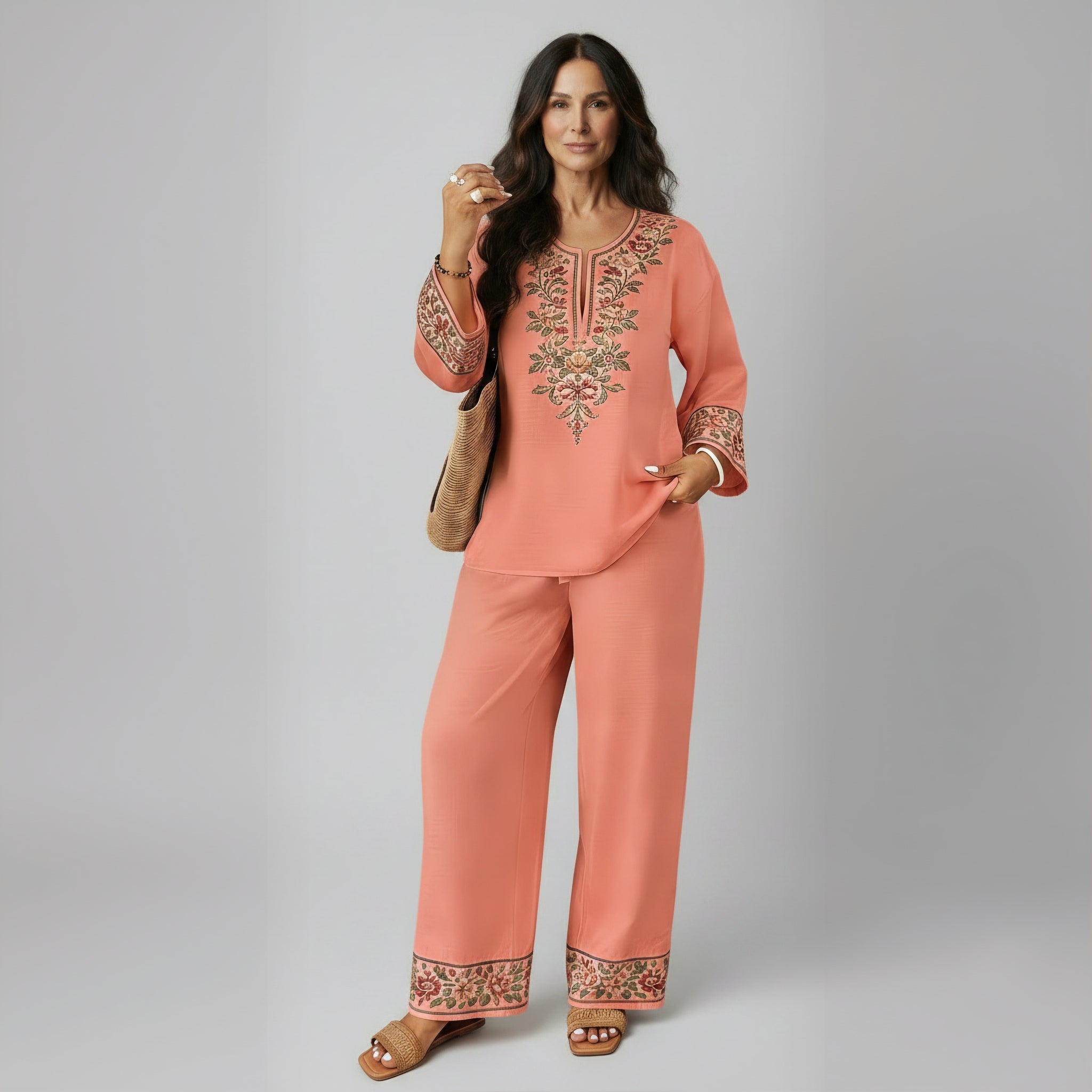 Artistic Floral Embroidered Two-Piece Set