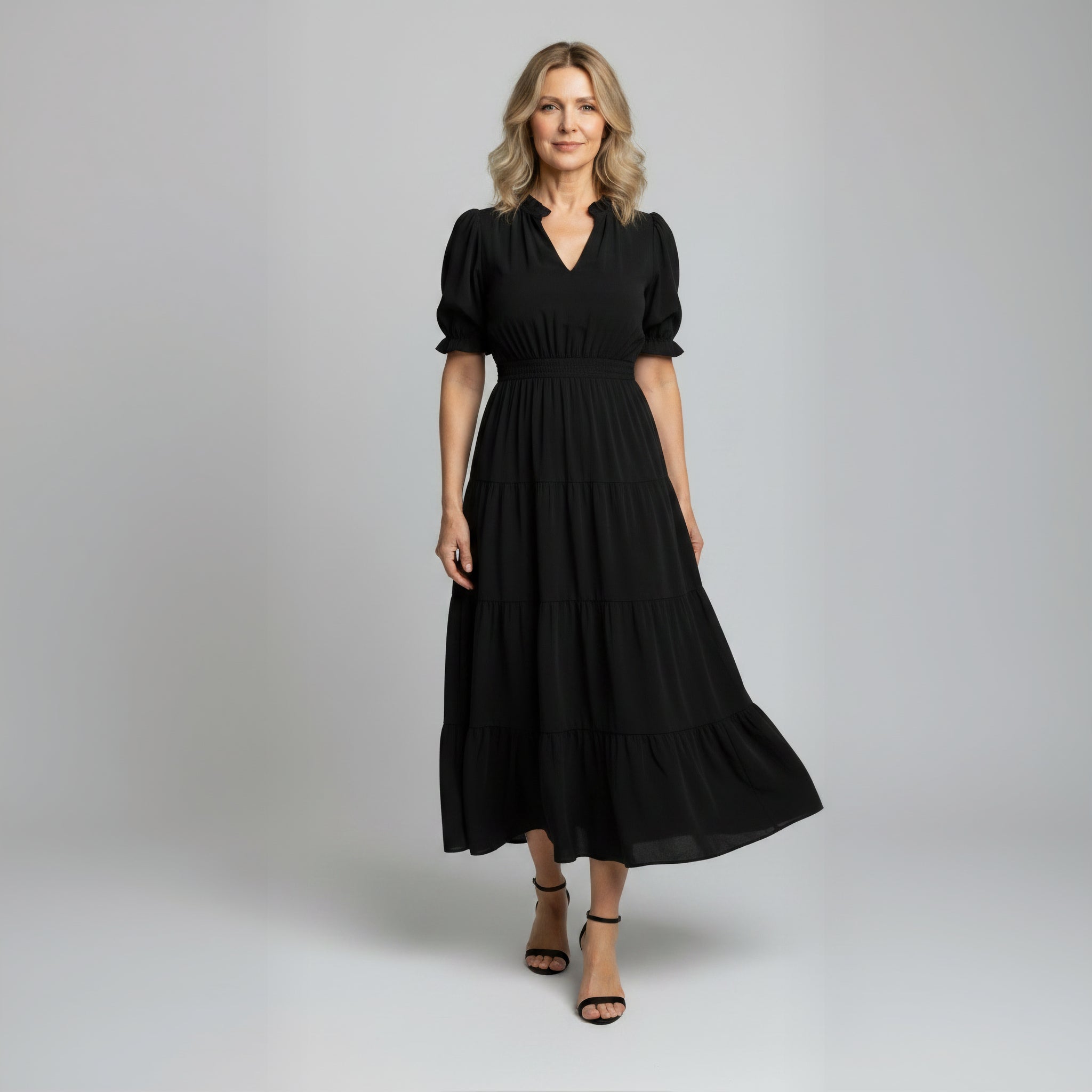Charming Solid Ruffle-Neck Tiered Maxi Dress