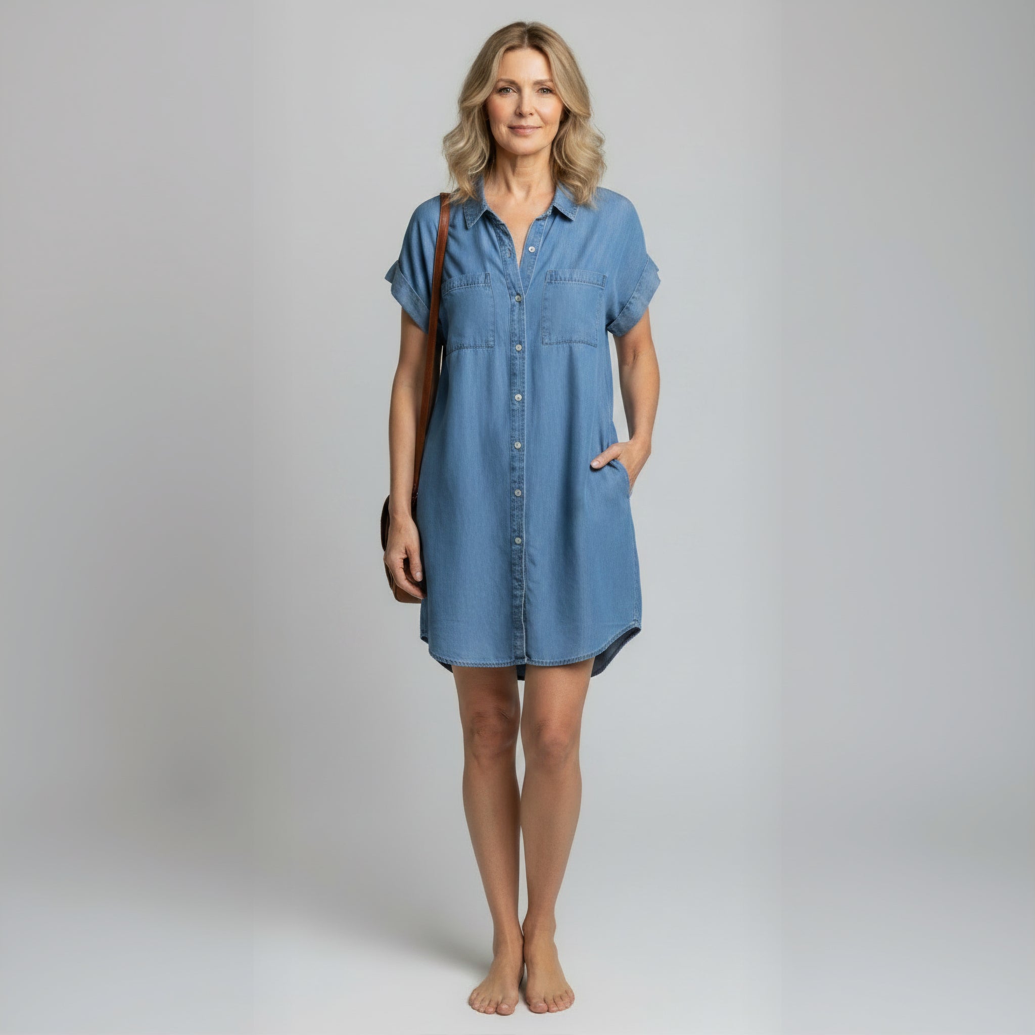 Effortless Versatile Short-Sleeve Denim Shirt-Dress