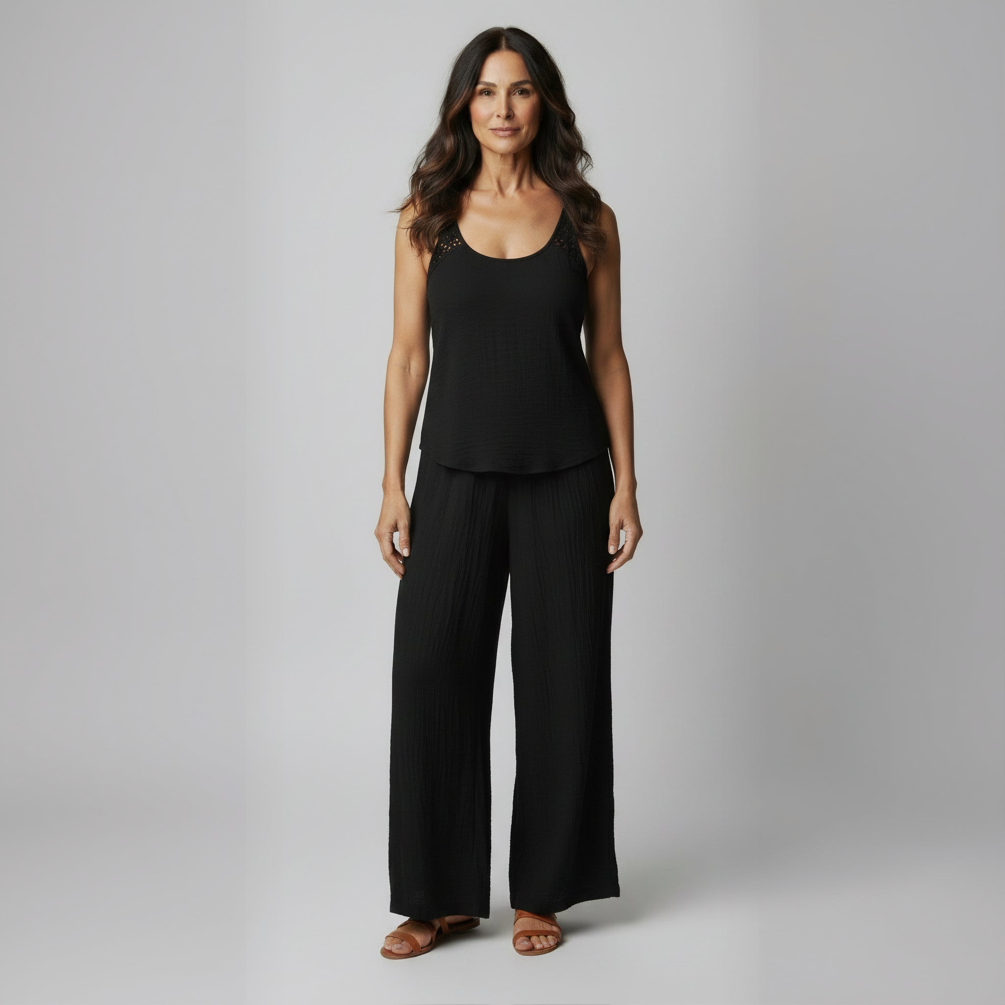 Elegant Crochet Back Wide Leg Set
