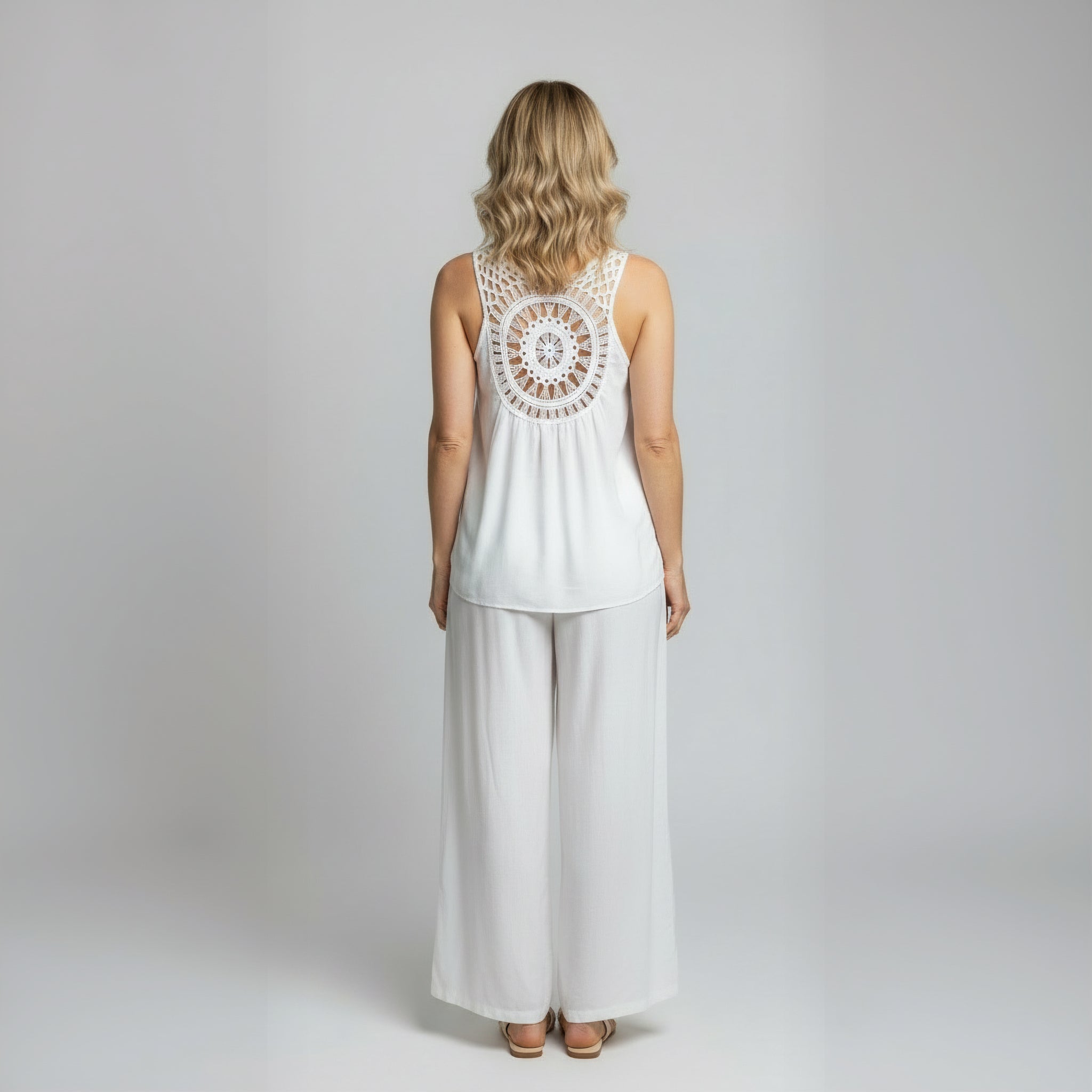 Elegant Crochet Back Wide Leg Set