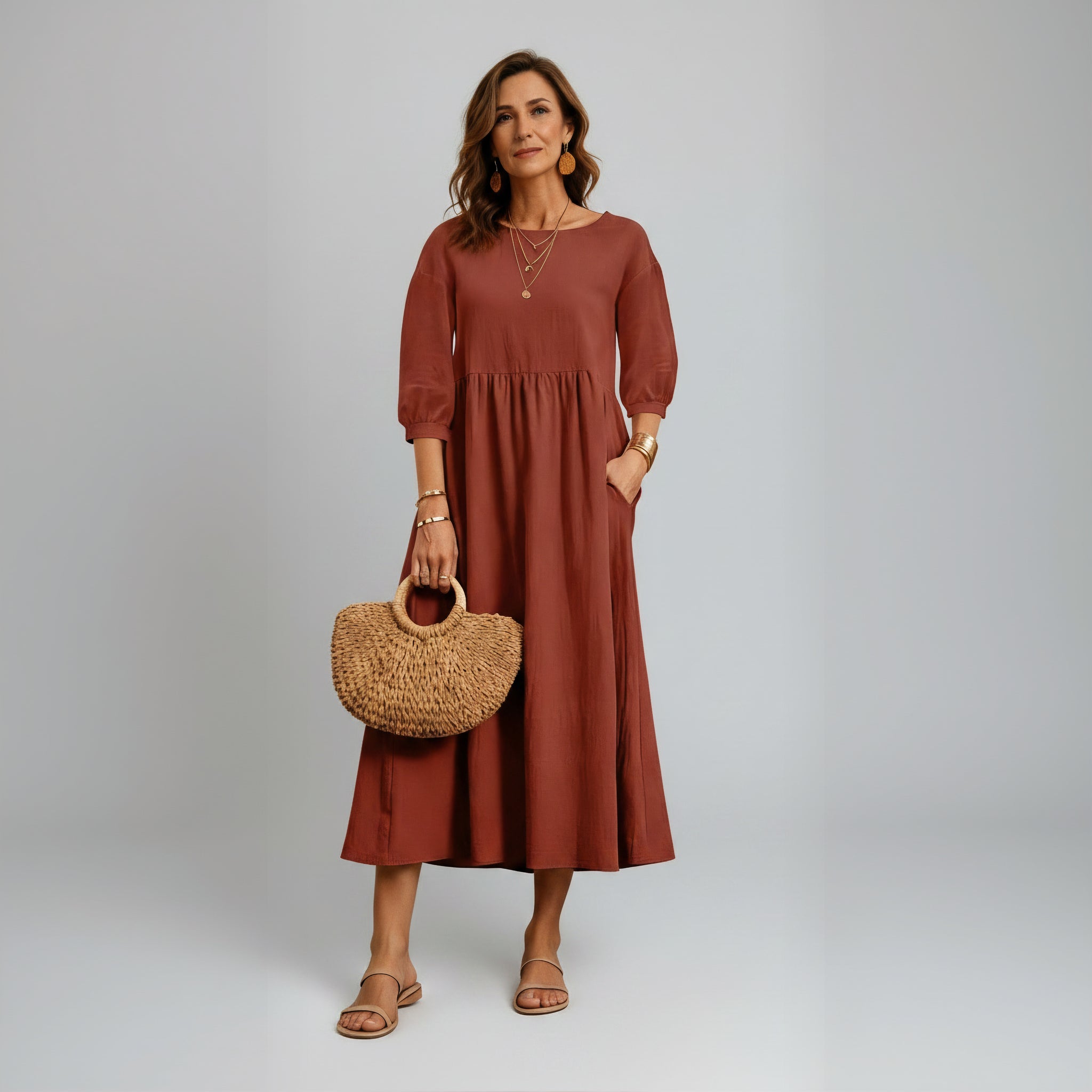 Elegant Solid Puff-Sleeve Pocket Maxi Dress