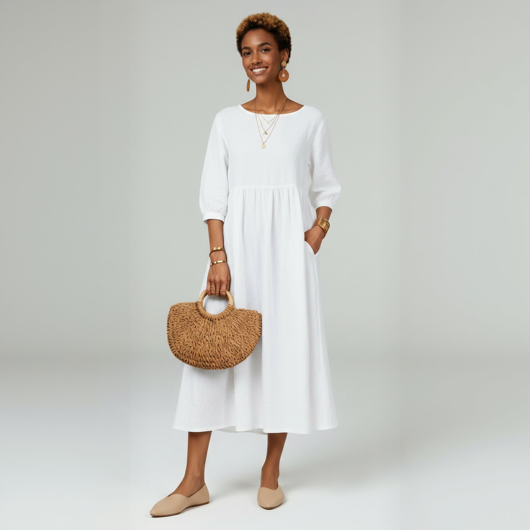 Elegant Solid Puff-Sleeve Pocket Maxi Dress