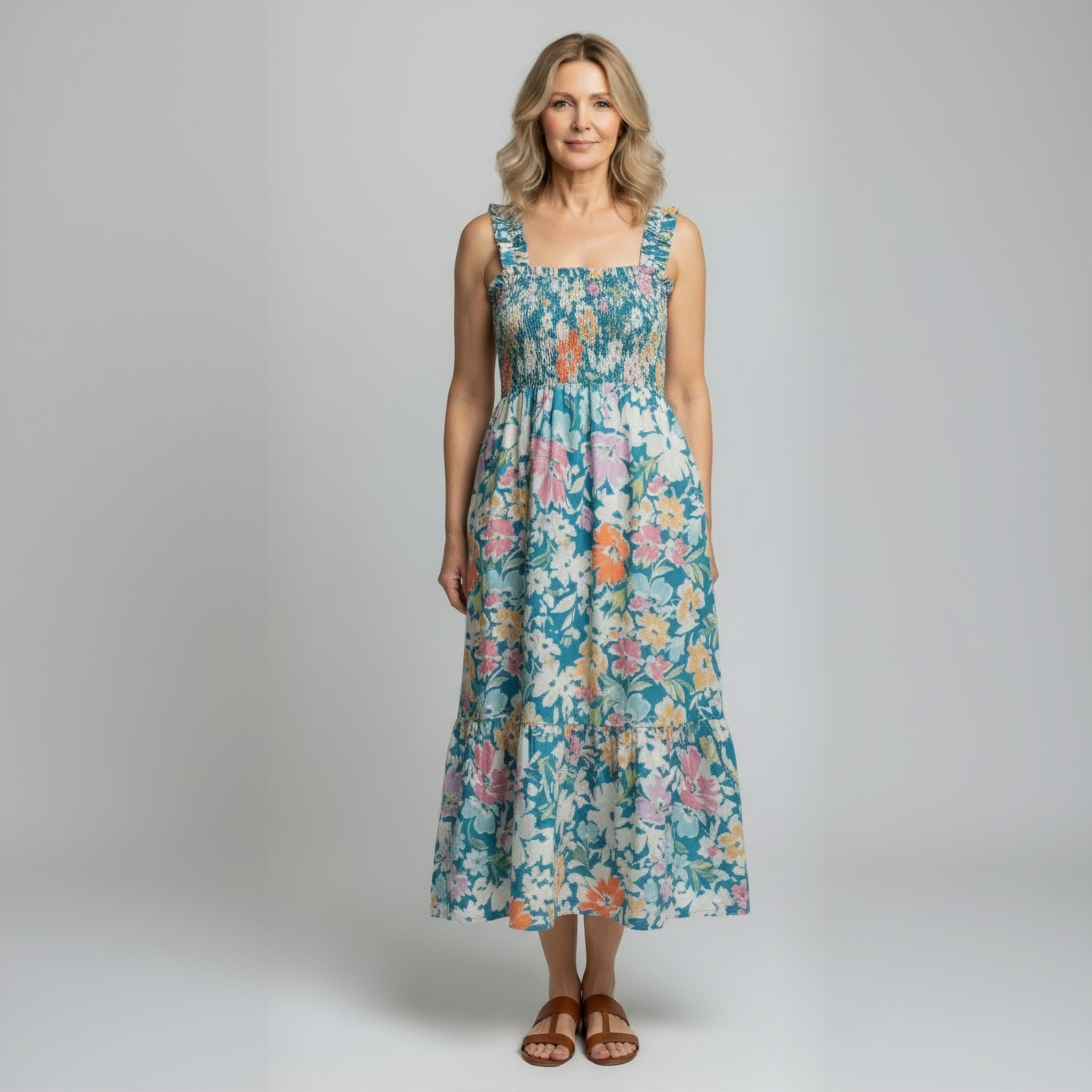 Floral Maxi Dress Smocked Bodice Adjustable Straps