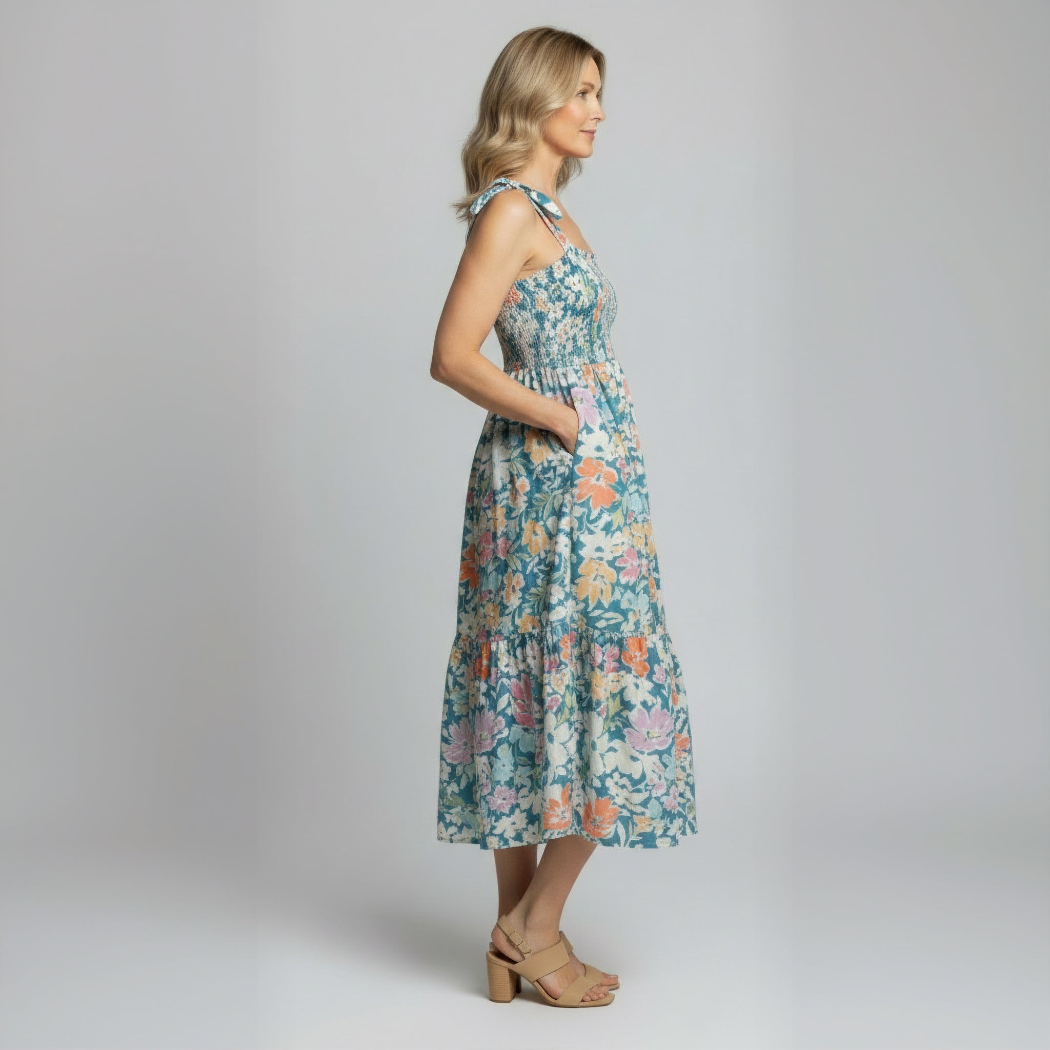 Floral Maxi Dress Smocked Bodice Adjustable Straps