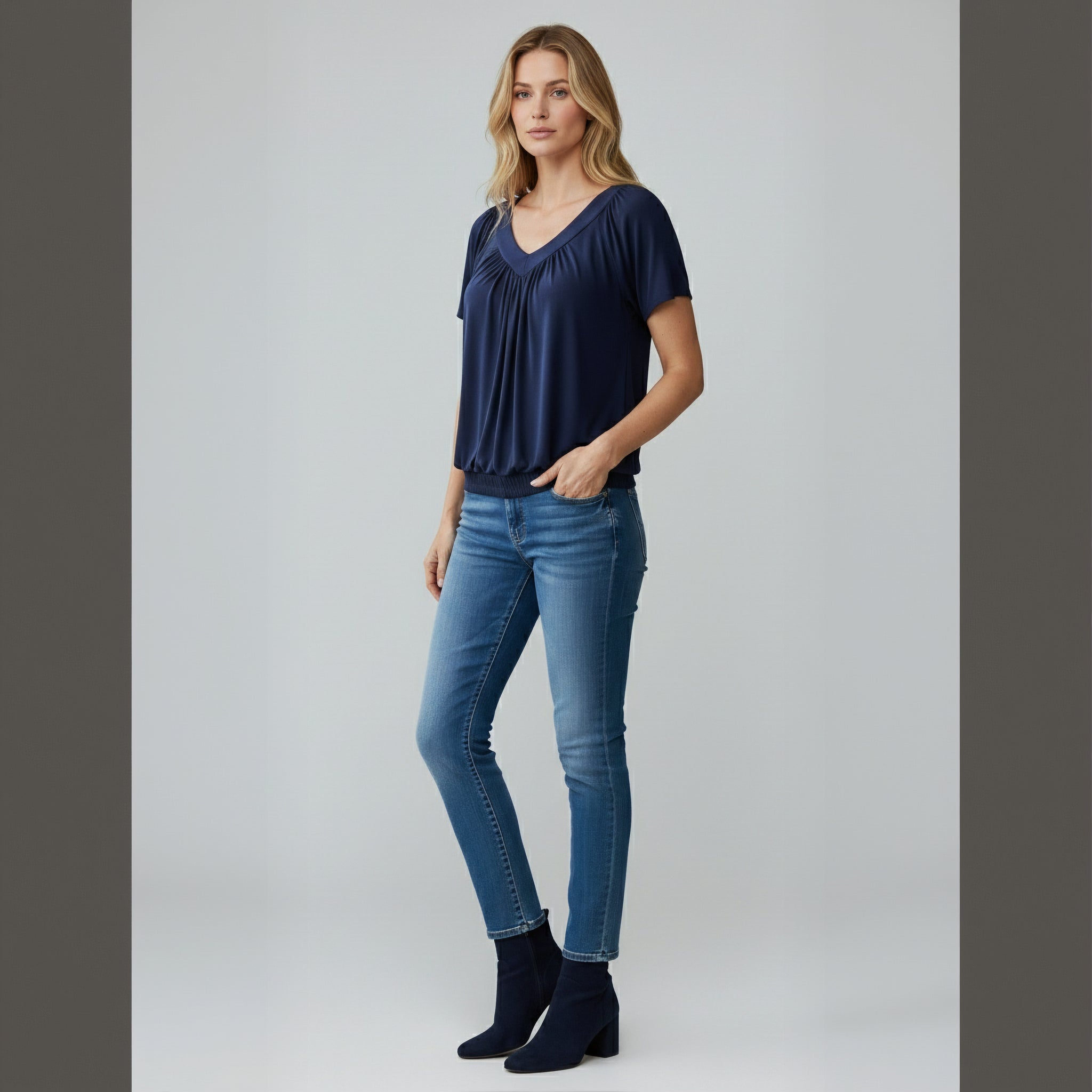 Ruched V-Neck Casual Loose-Fit Tee