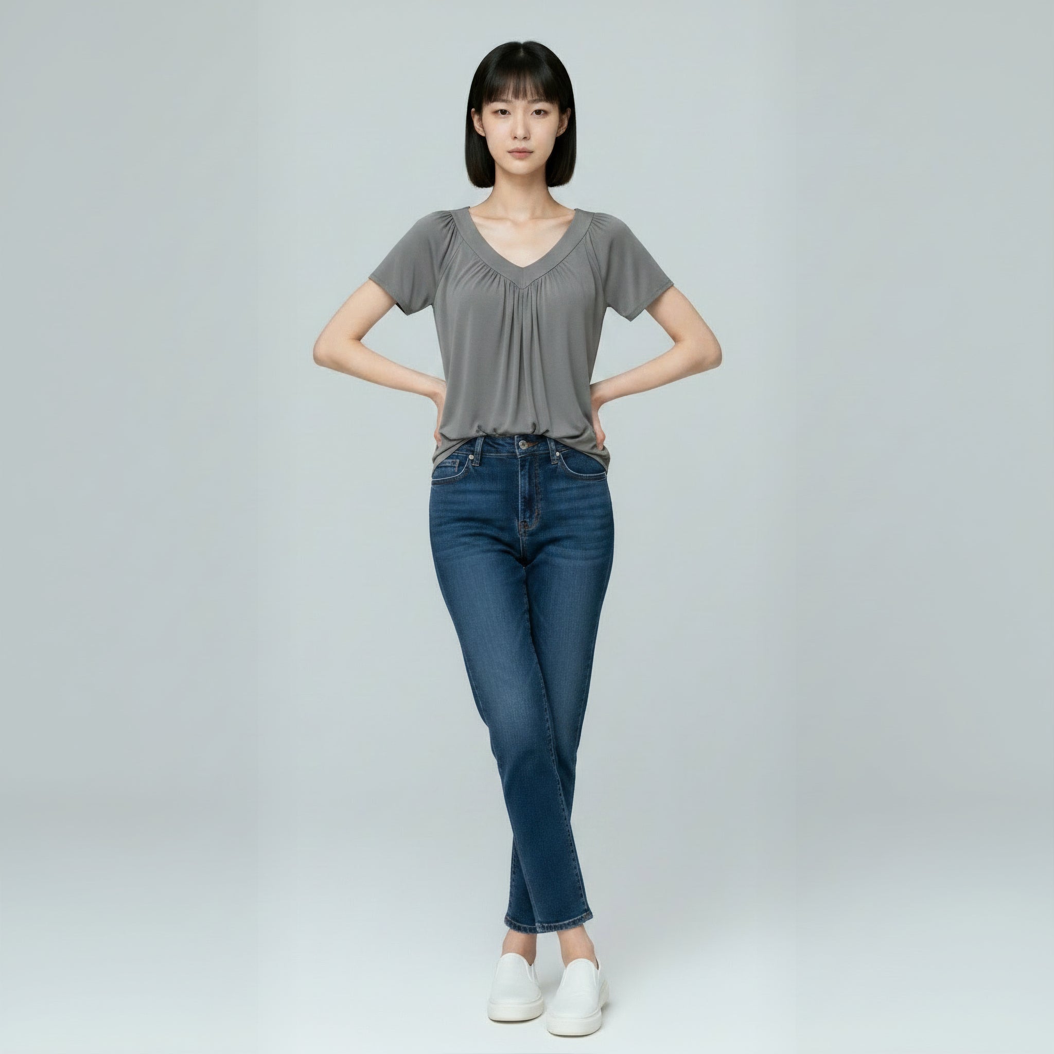 Ruched V-Neck Casual Loose-Fit Tee