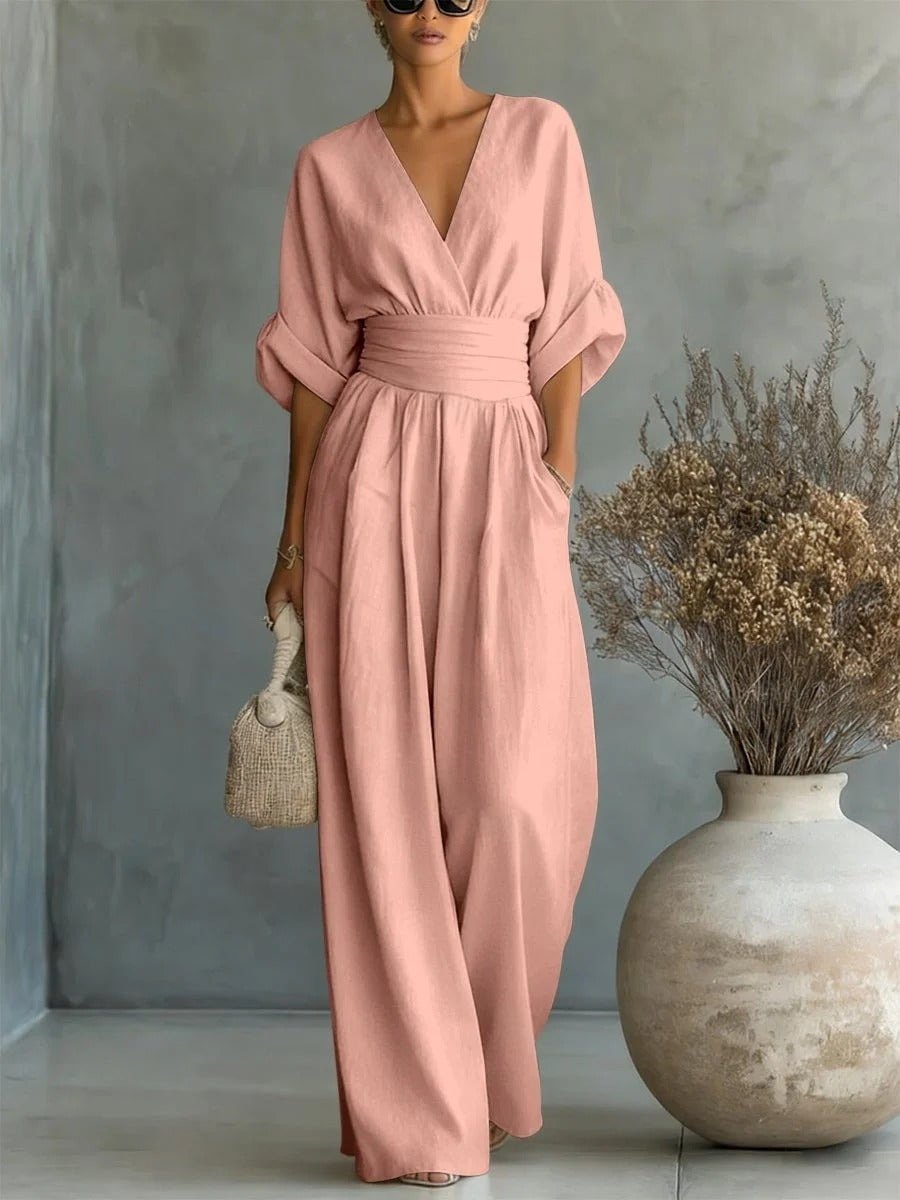 Elegante tuta a vita alta con scollo a V