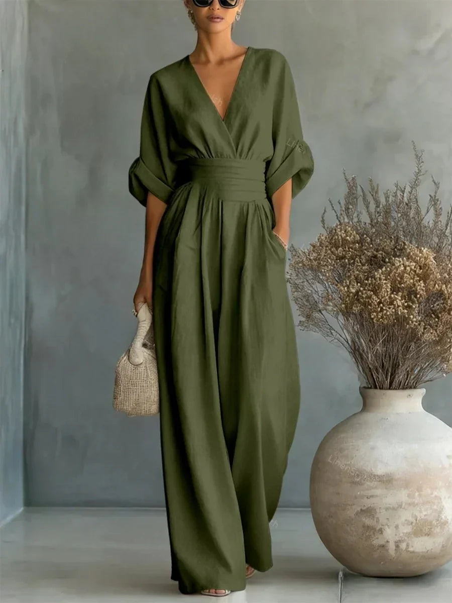 Elegante tuta a vita alta con scollo a V