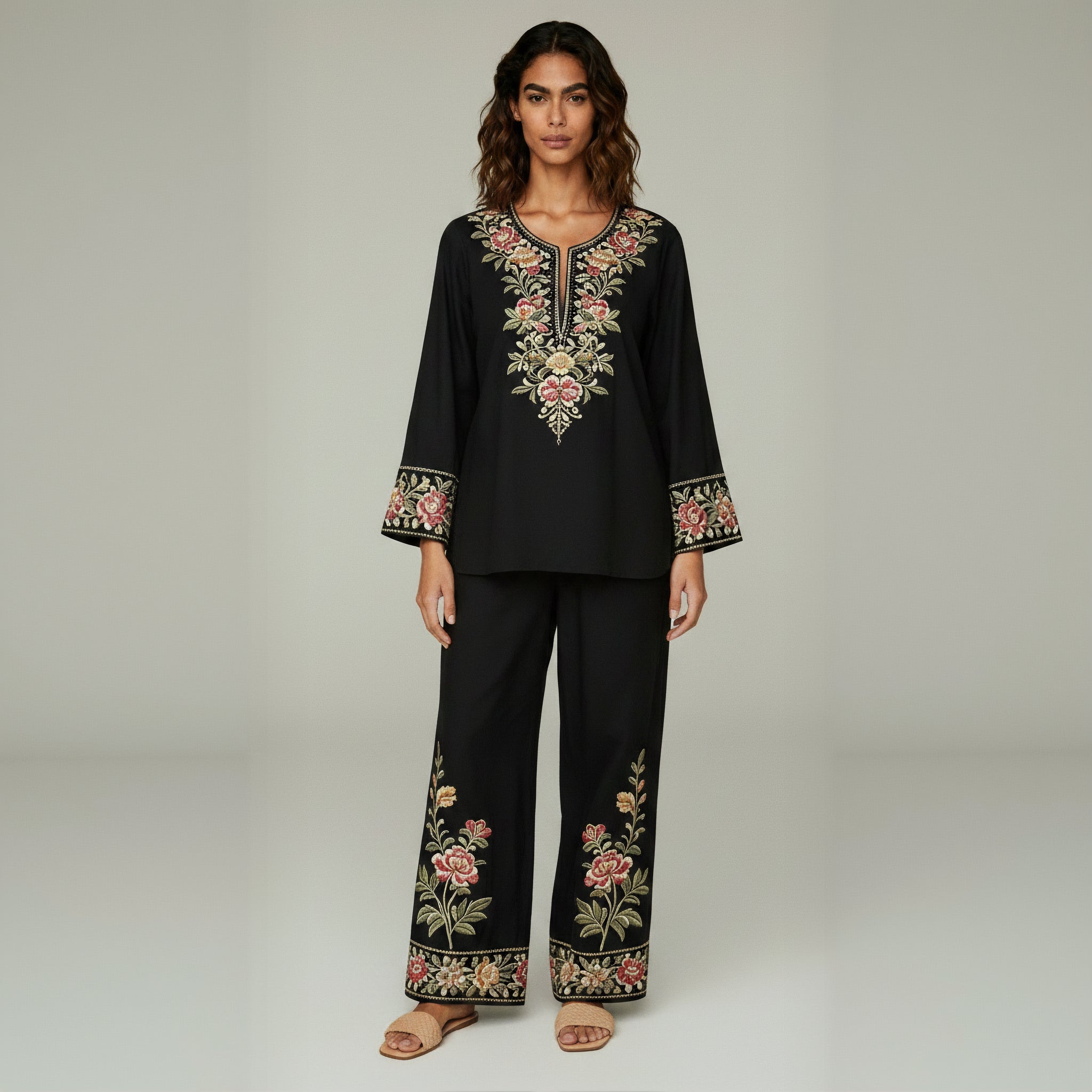 Artistic Floral Embroidered Two-Piece Set