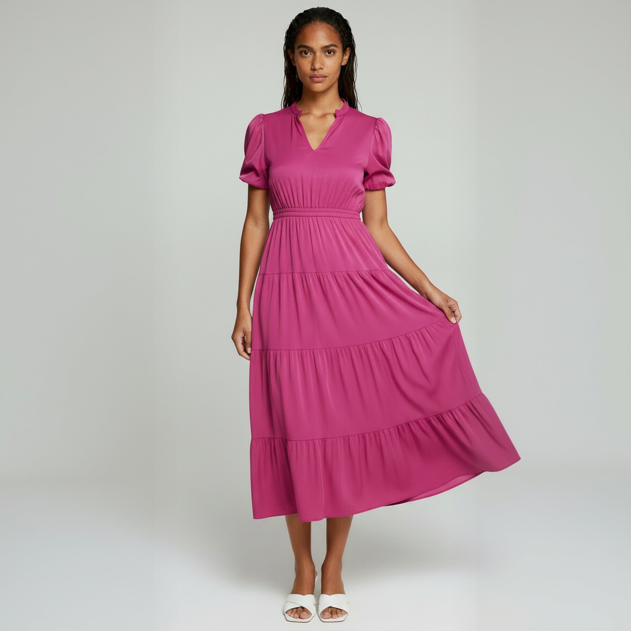 Charming Solid Ruffle-Neck Tiered Maxi Dress