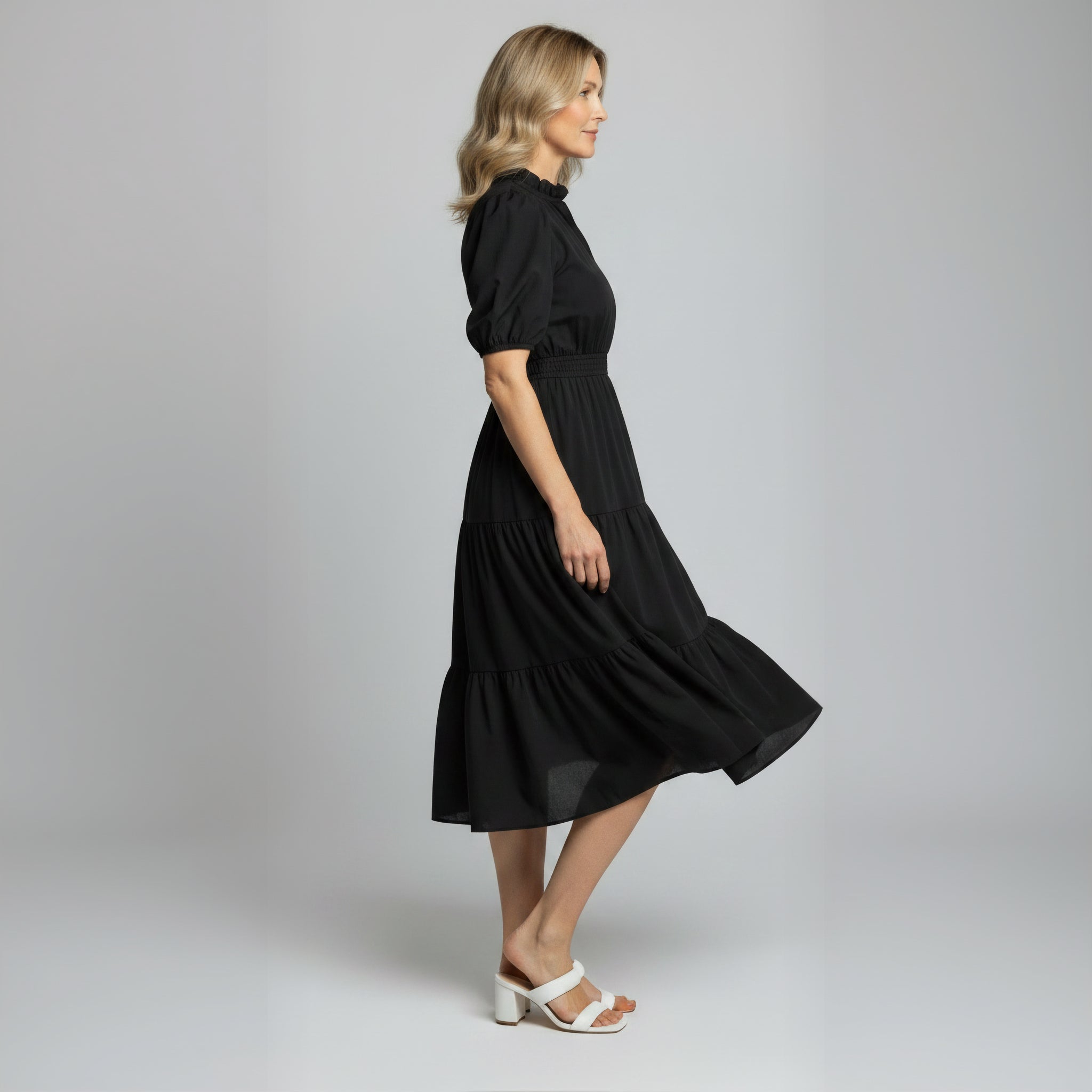 Charming Solid Ruffle-Neck Tiered Maxi Dress