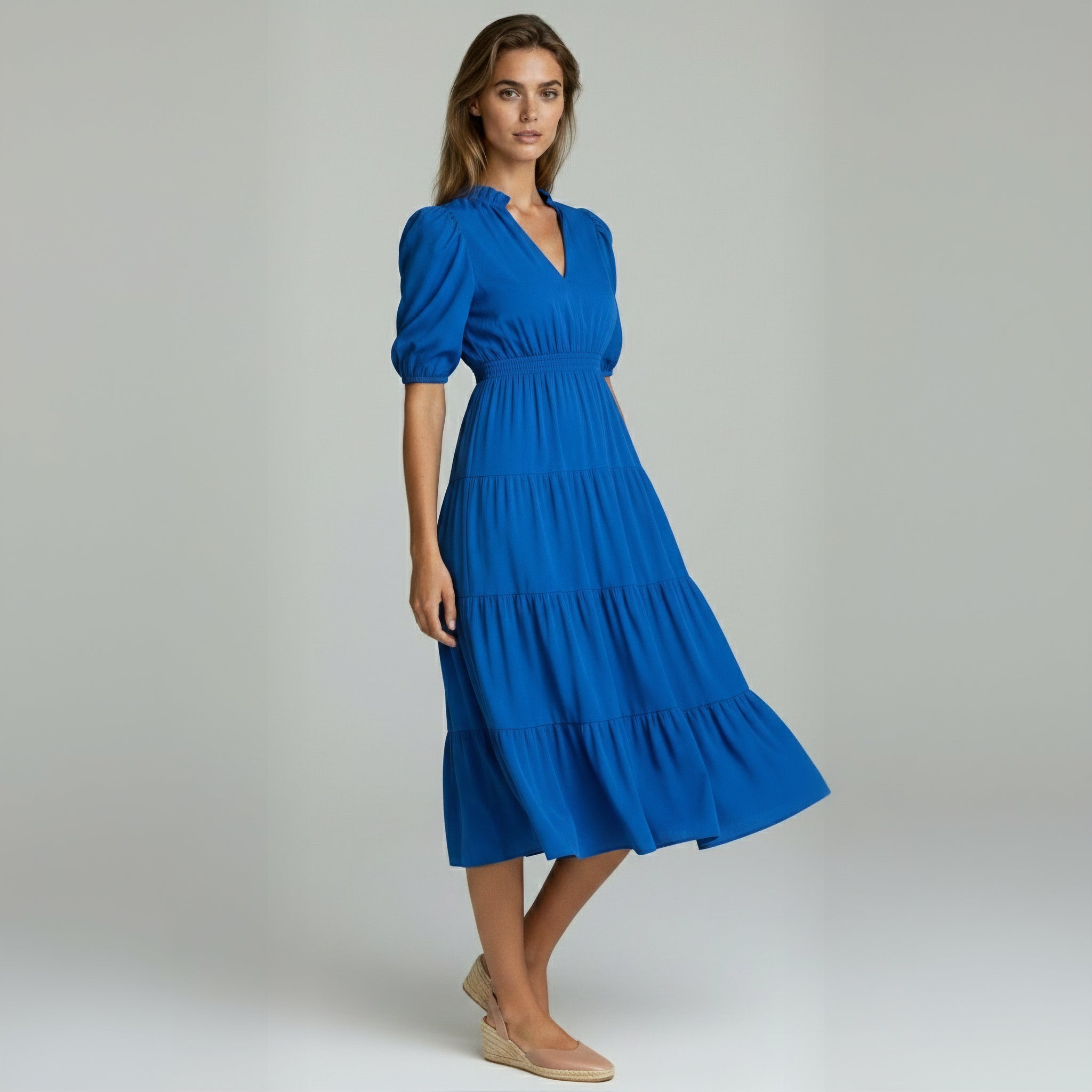 Charming Solid Ruffle-Neck Tiered Maxi Dress
