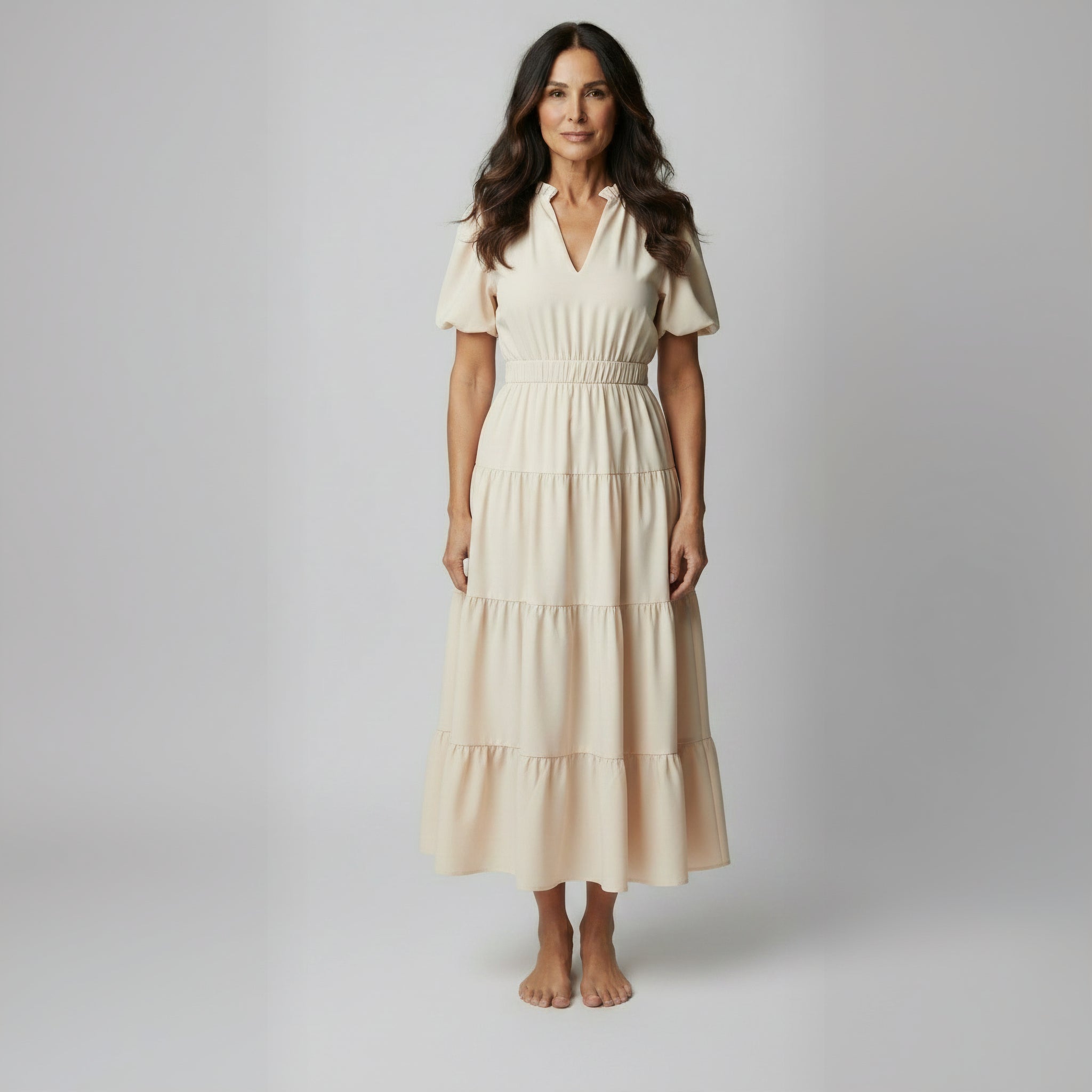 Charming Solid Ruffle-Neck Tiered Maxi Dress