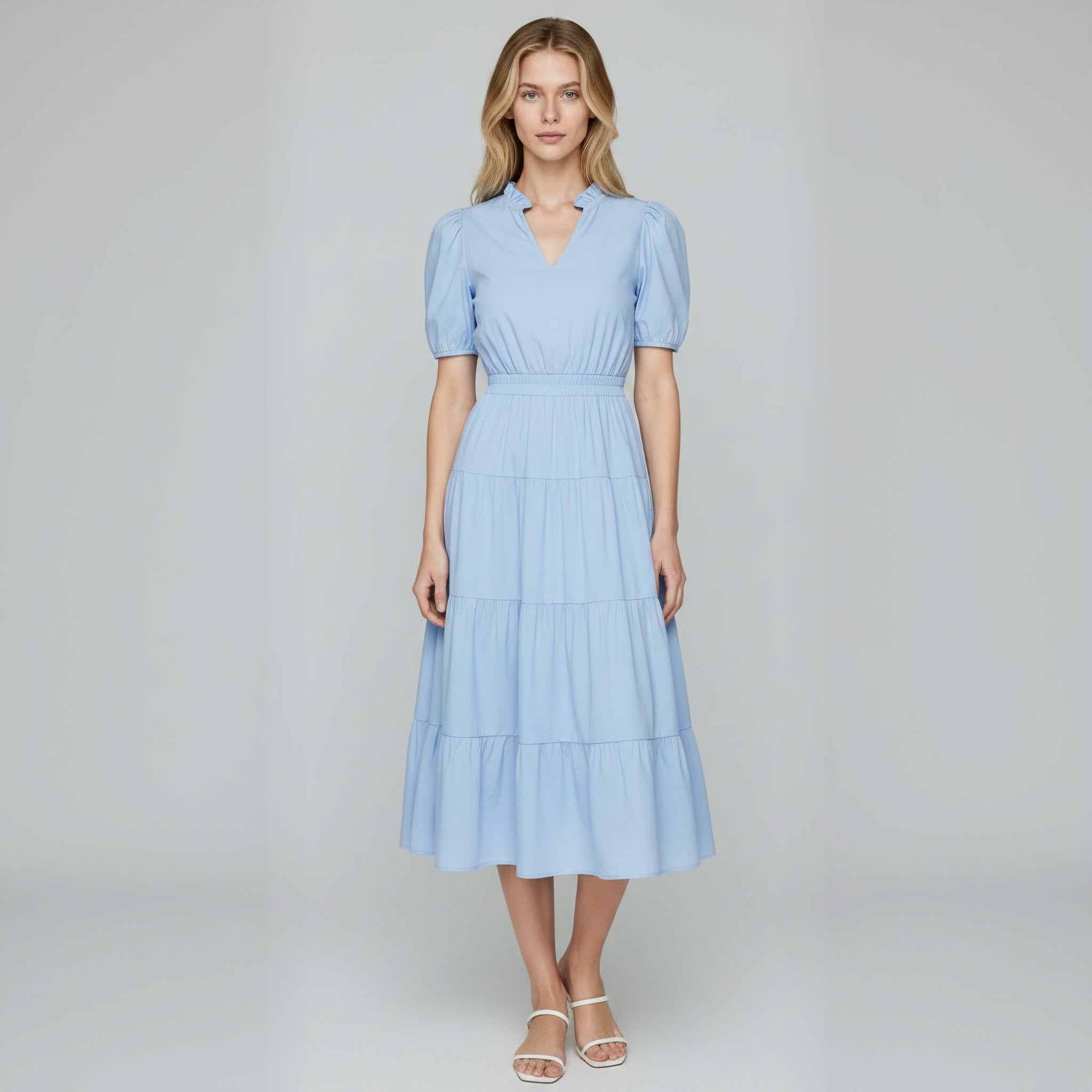 Charming Solid Ruffle-Neck Tiered Maxi Dress