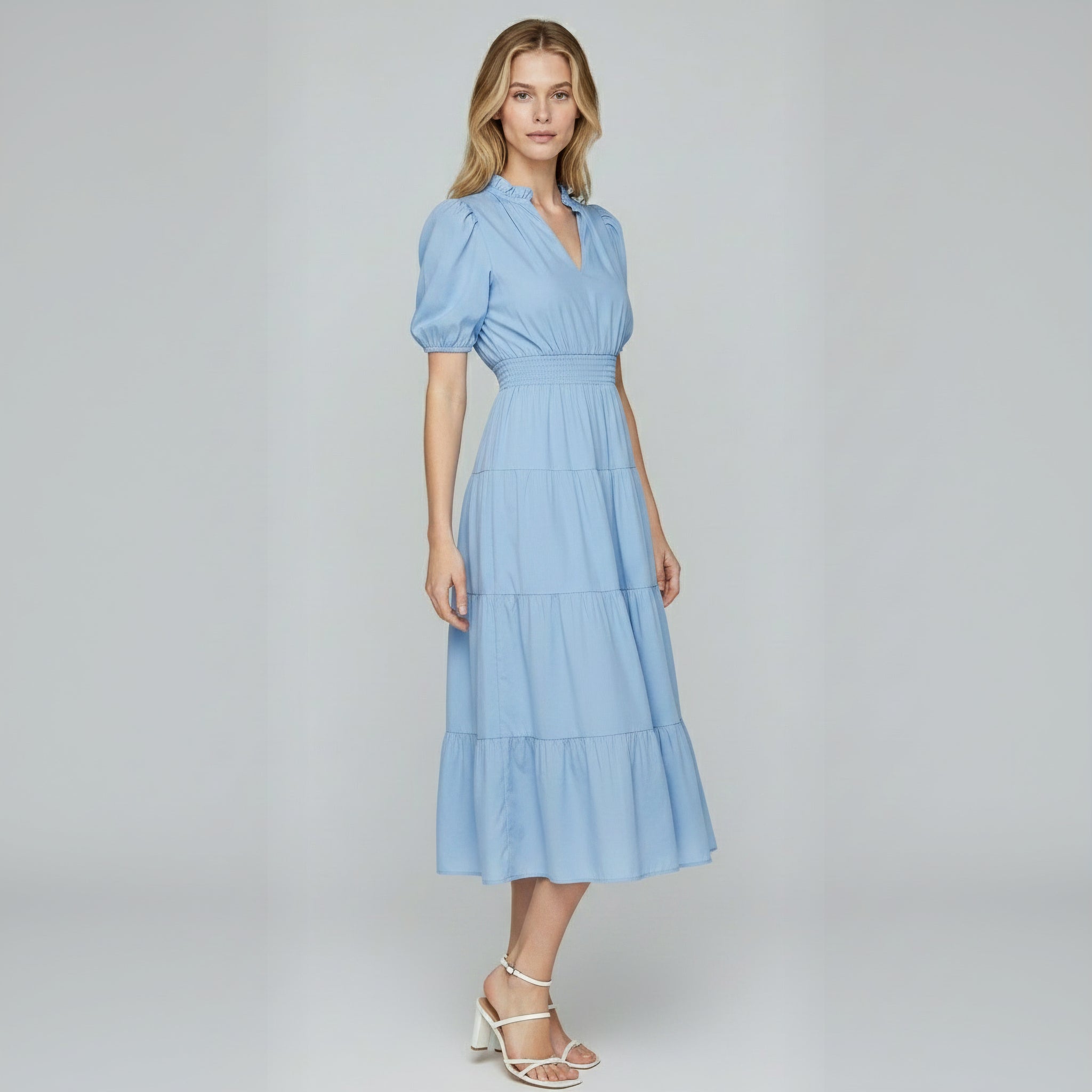 Charming Solid Ruffle-Neck Tiered Maxi Dress