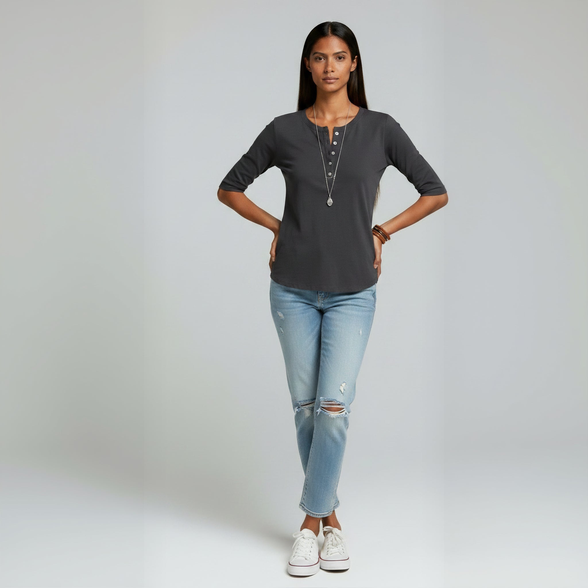 Comfortable Solid Button-Neck Henley Top