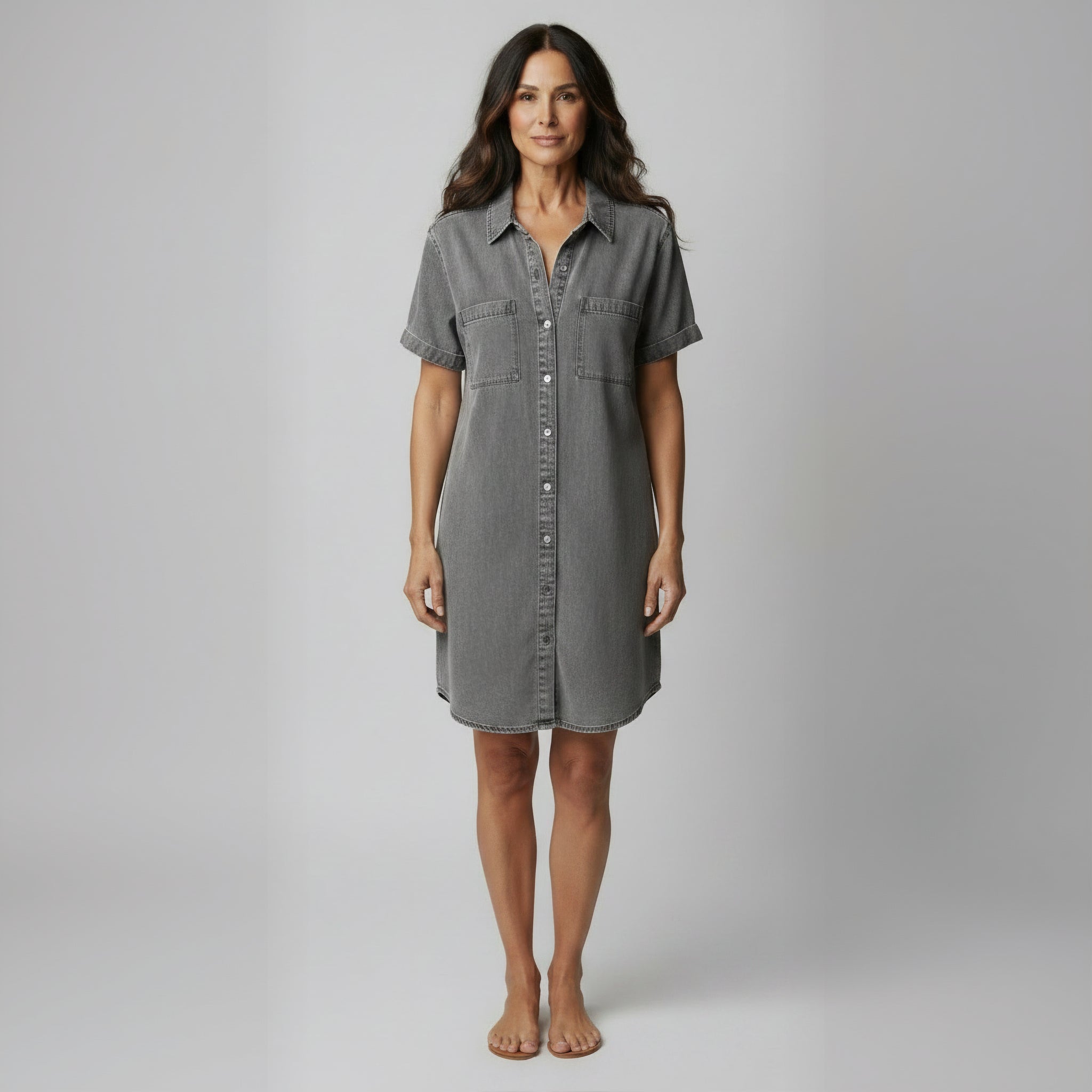 Effortless Versatile Short-Sleeve Denim Shirt-Dress