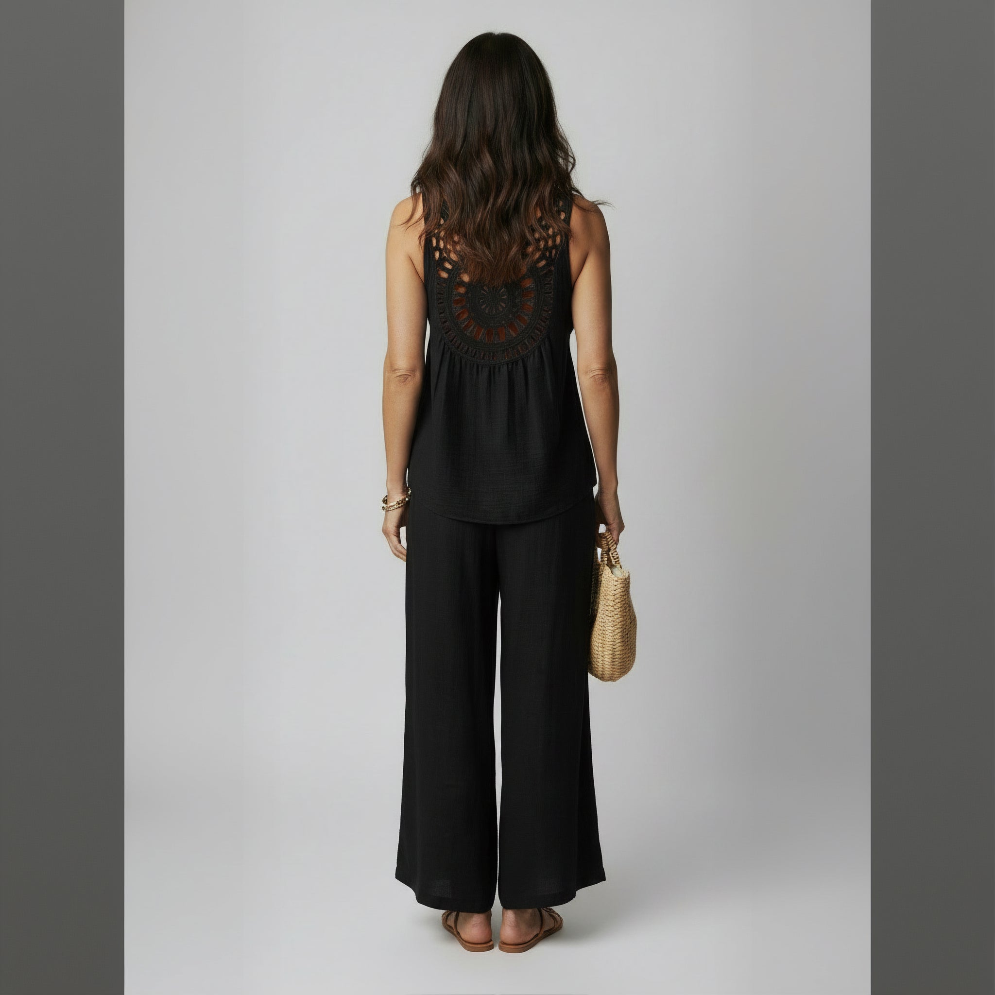 Elegant Crochet Back Wide Leg Set