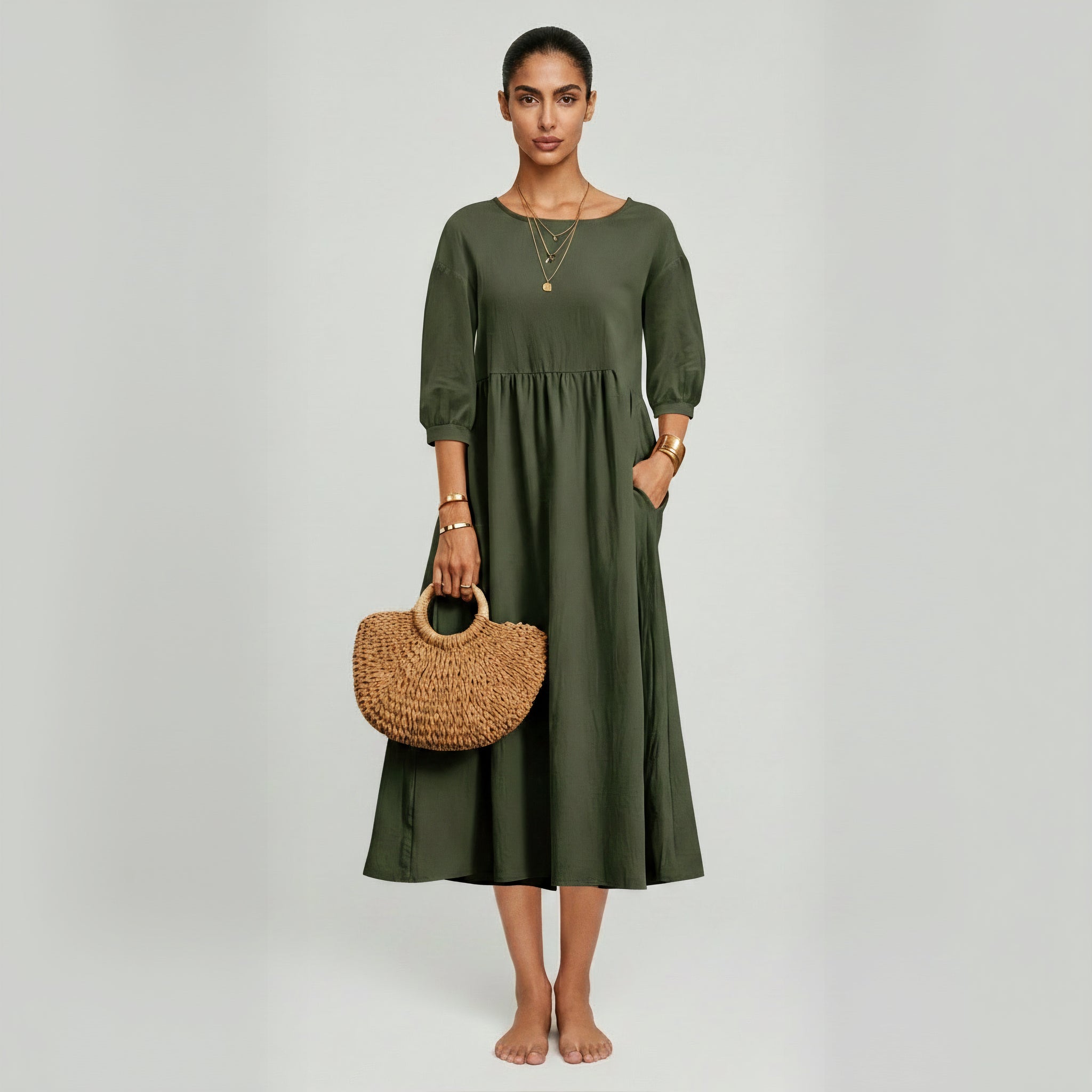 Elegant Solid Puff-Sleeve Pocket Maxi Dress