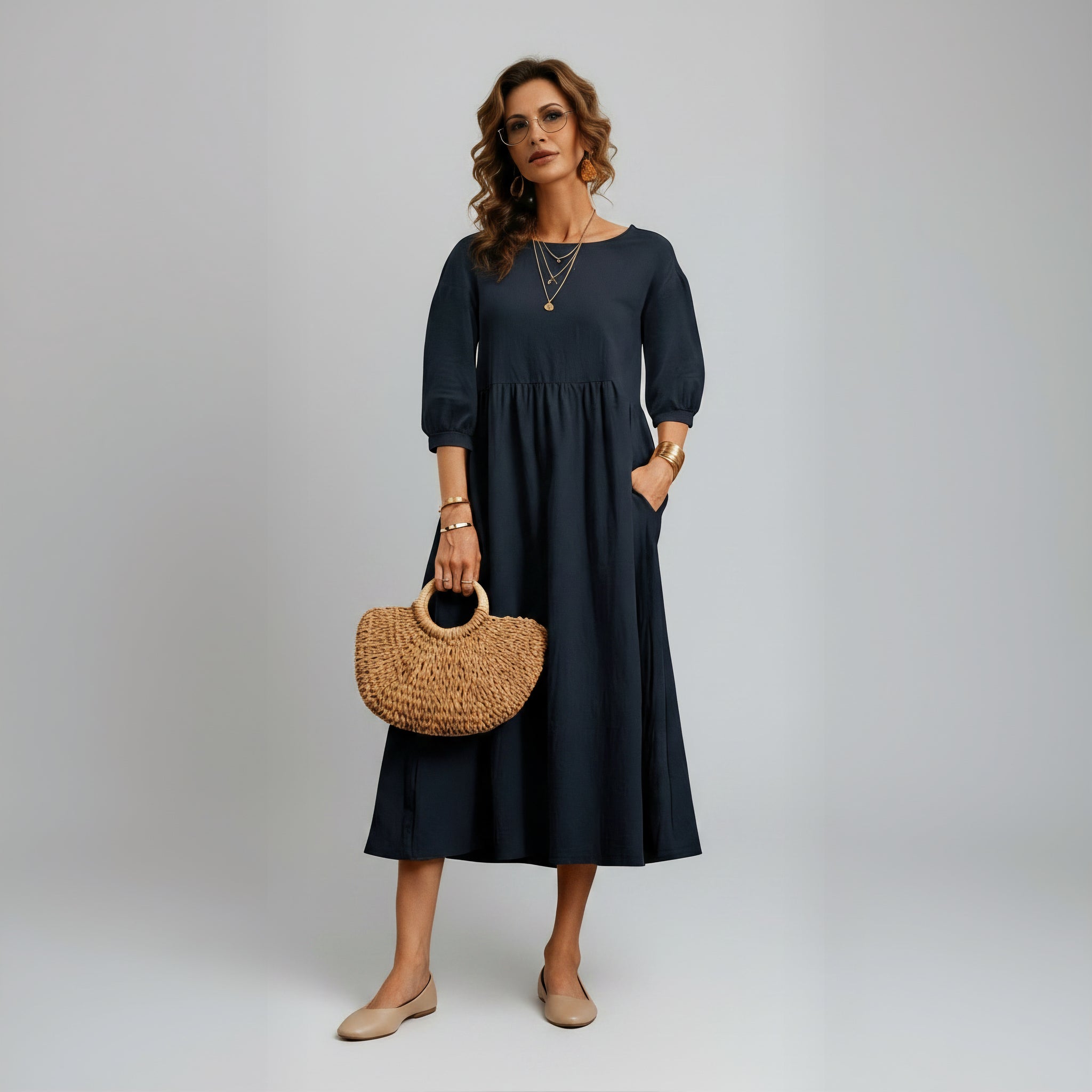 Elegant Solid Puff-Sleeve Pocket Maxi Dress