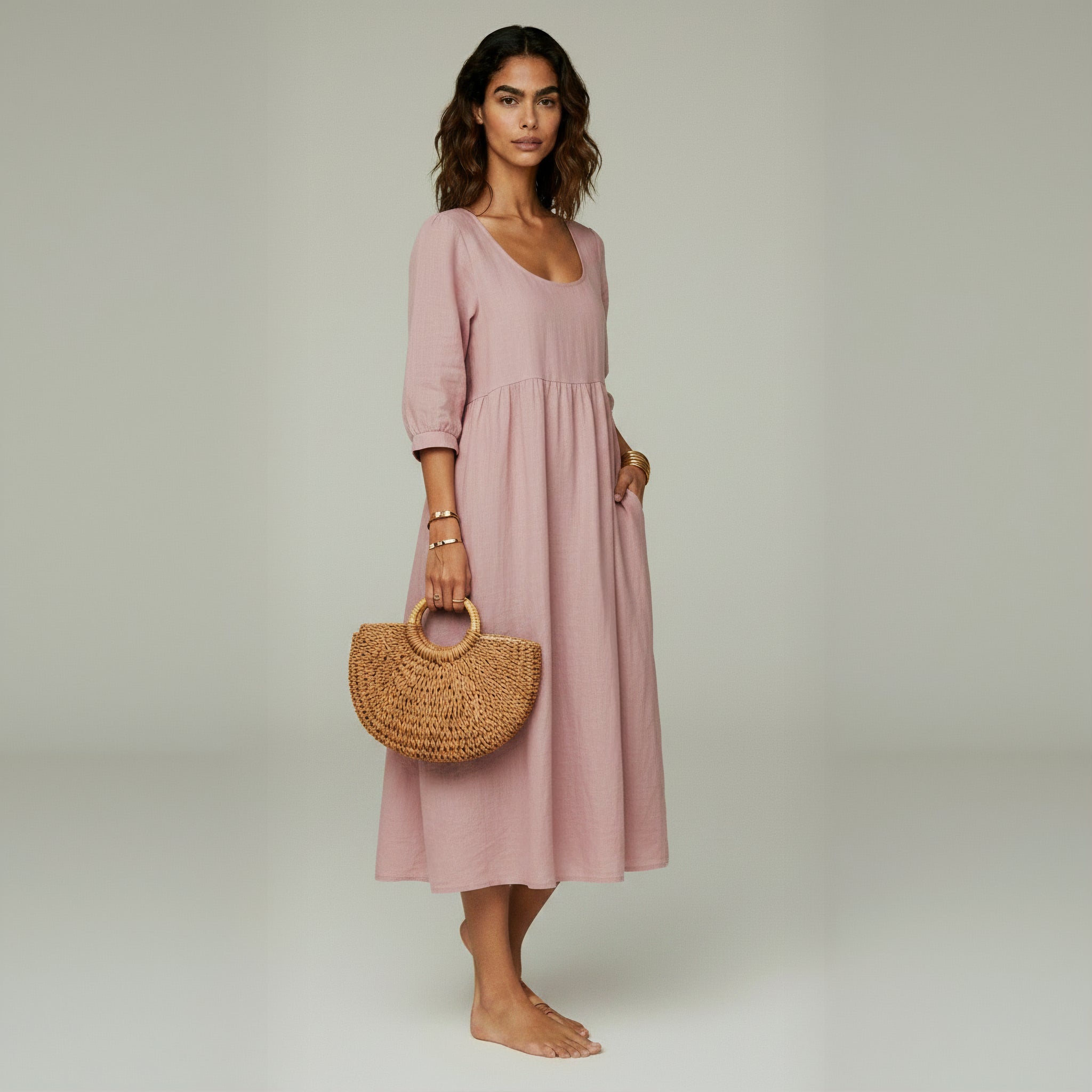 Elegant Solid Puff-Sleeve Pocket Maxi Dress