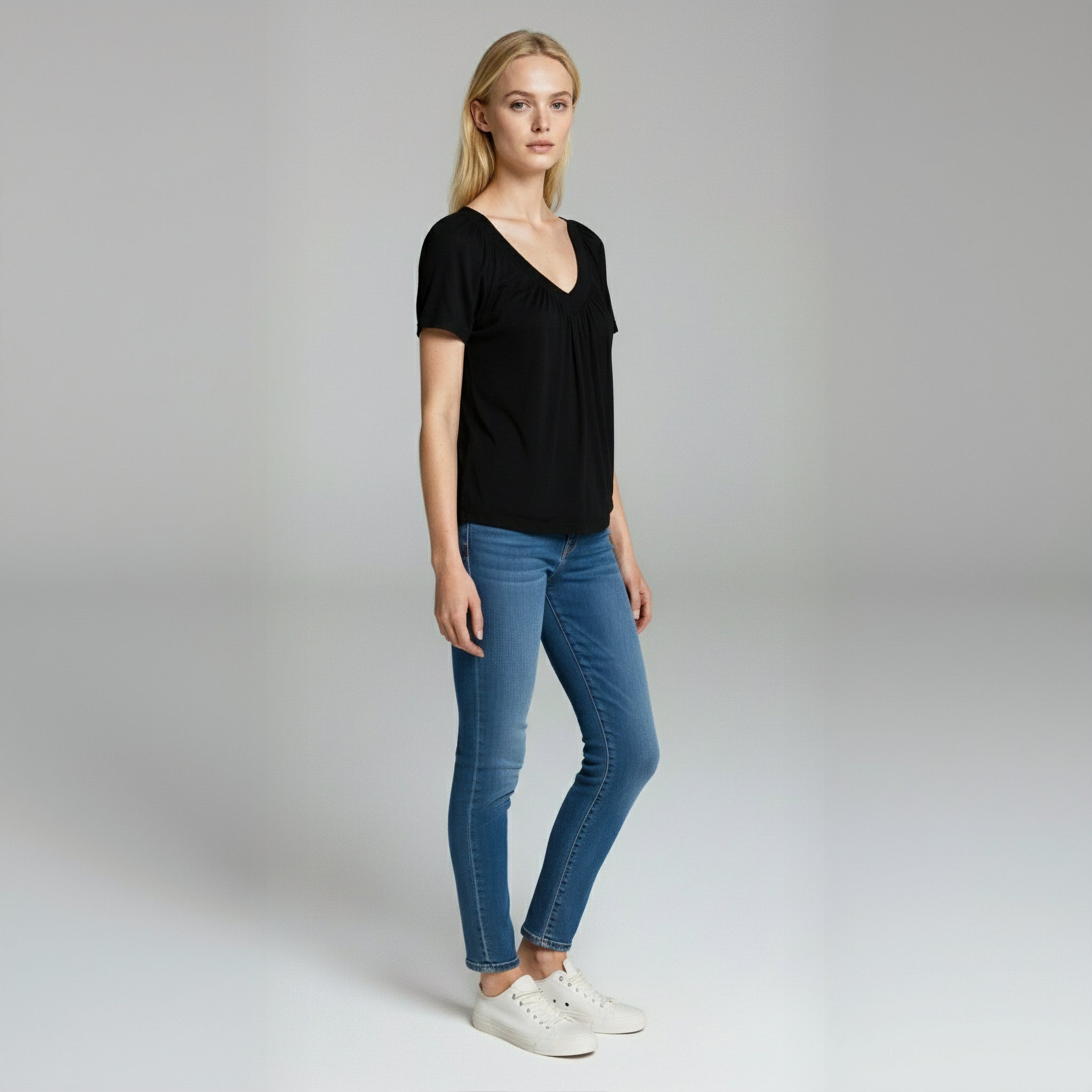 Ruched V-Neck Casual Loose-Fit Tee
