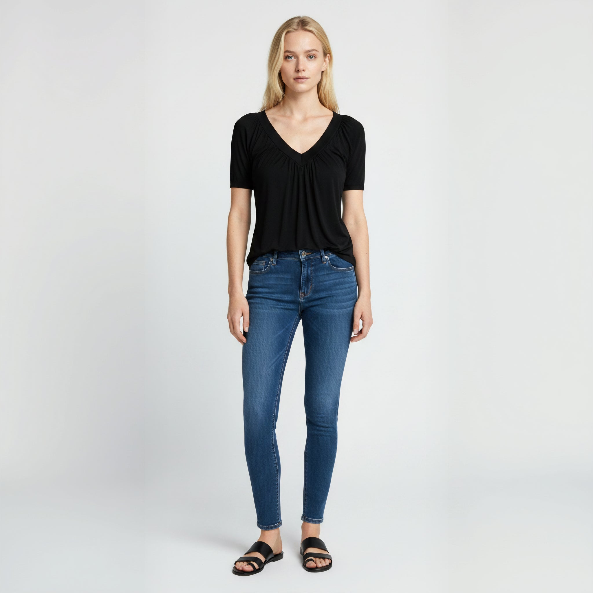 Ruched V-Neck Casual Loose-Fit Tee