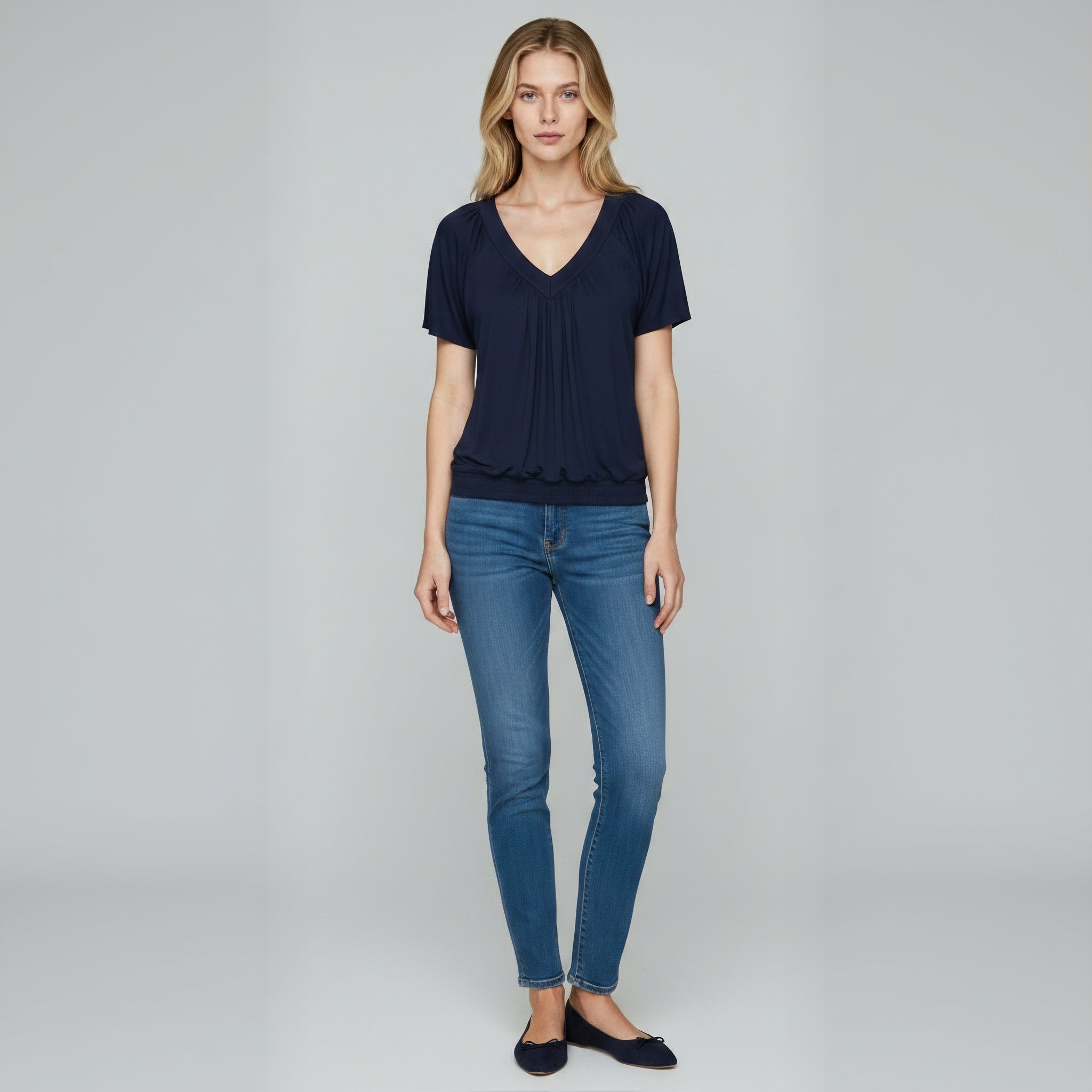 Ruched V-Neck Casual Loose-Fit Tee