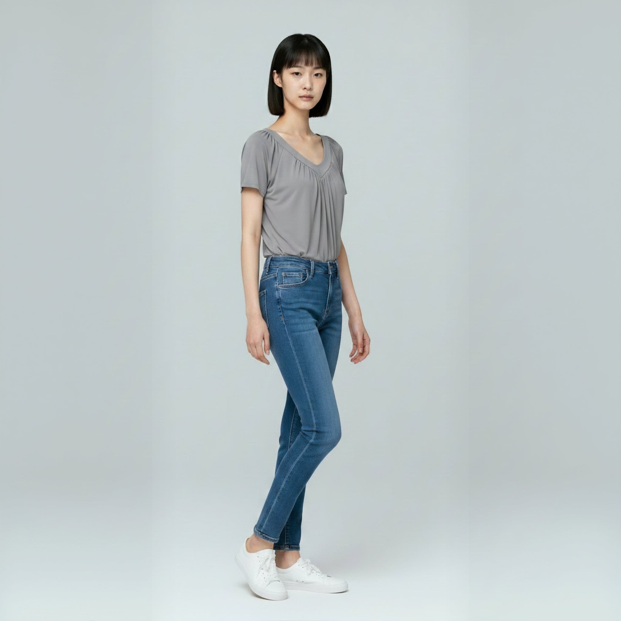 Ruched V-Neck Casual Loose-Fit Tee