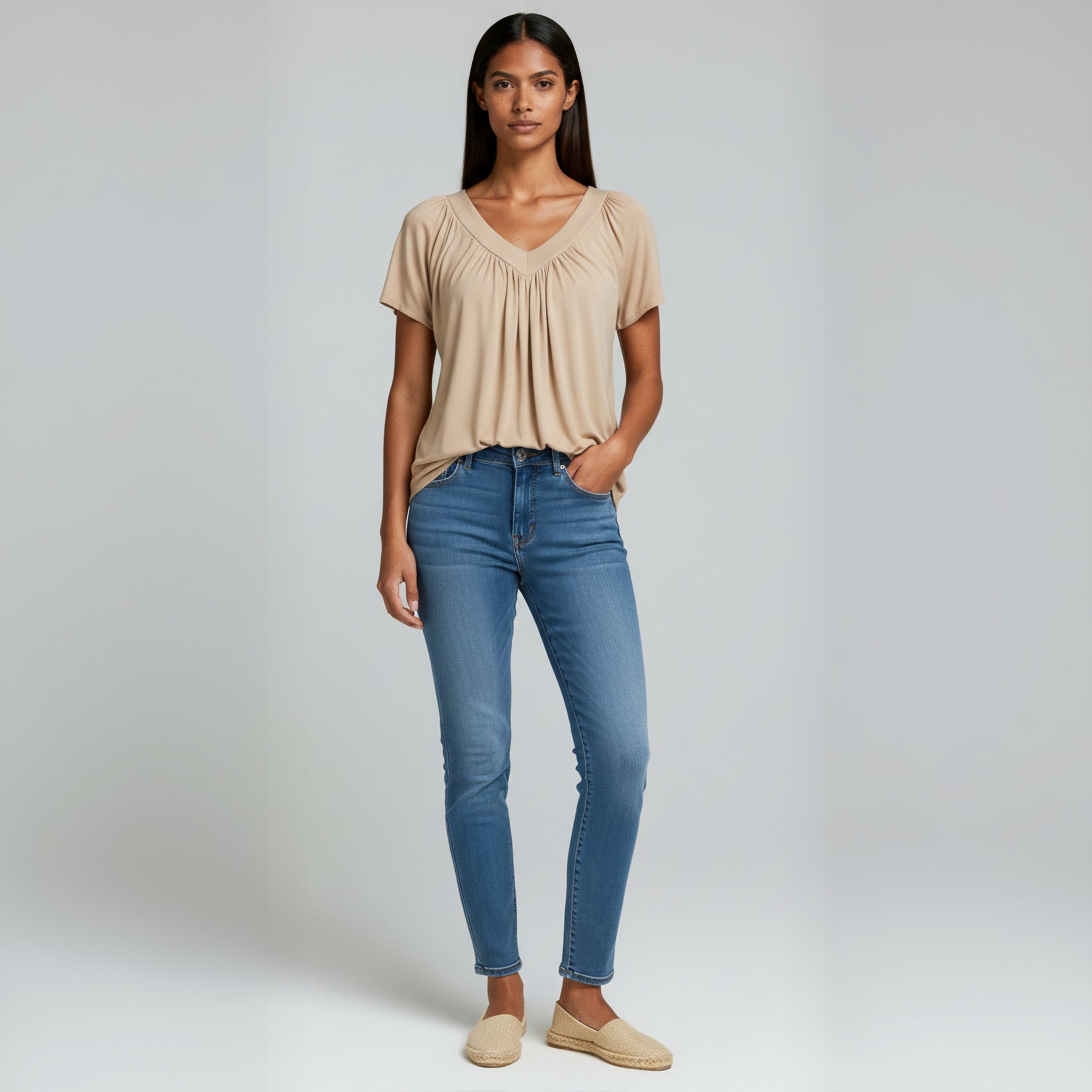 Ruched V-Neck Casual Loose-Fit Tee
