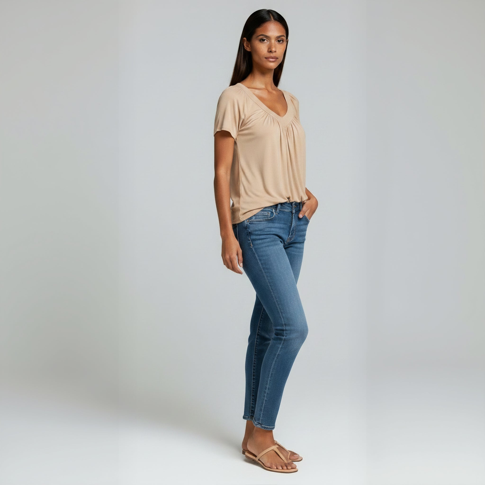 Ruched V-Neck Casual Loose-Fit Tee