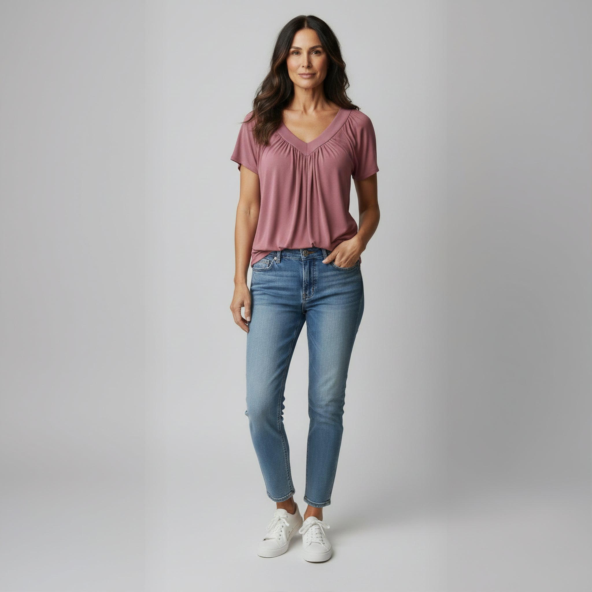 Ruched V-Neck Casual Loose-Fit Tee
