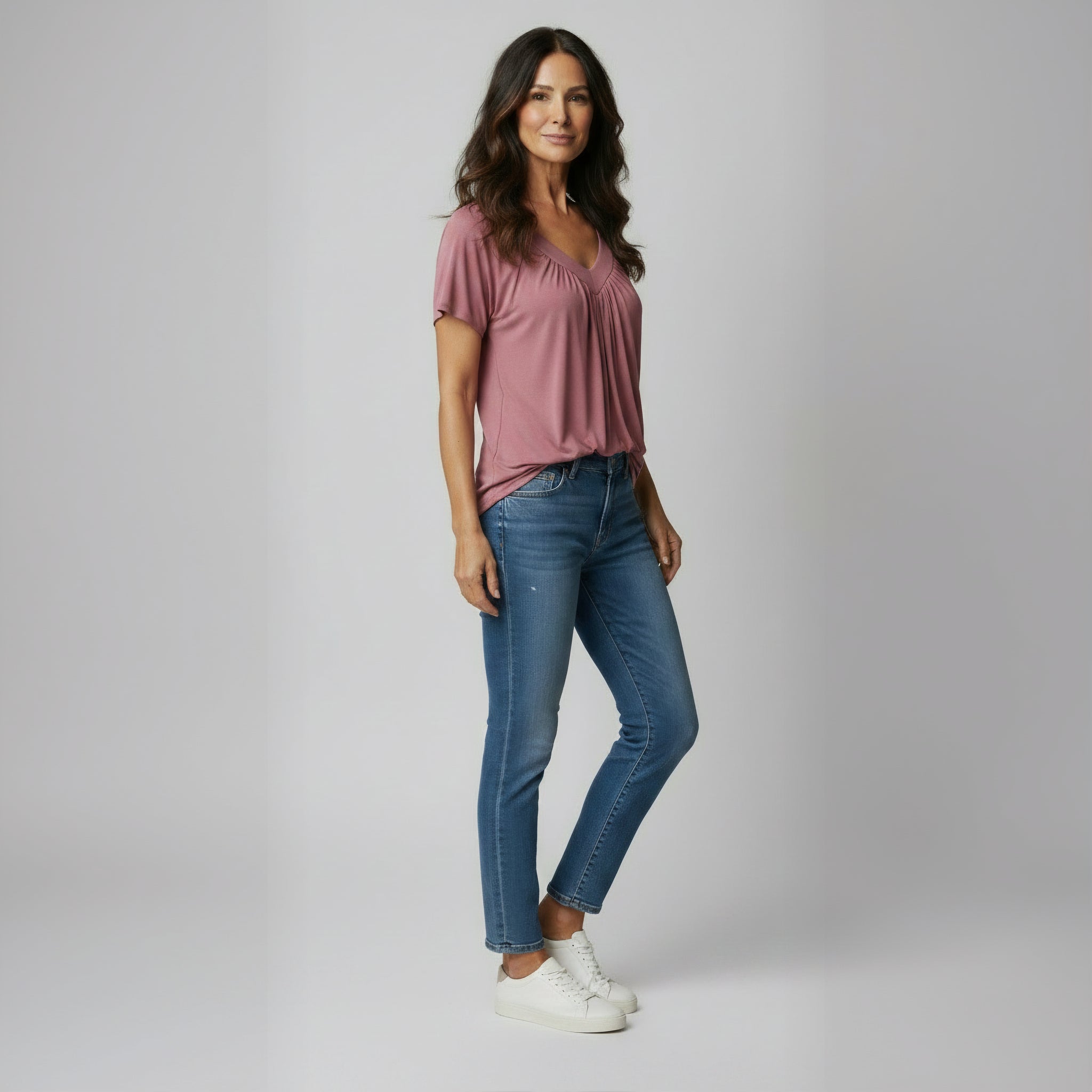 Ruched V-Neck Casual Loose-Fit Tee