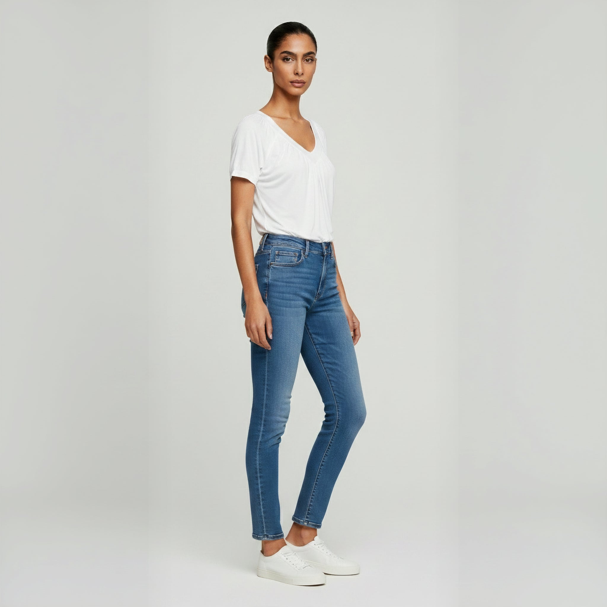 Ruched V-Neck Casual Loose-Fit Tee