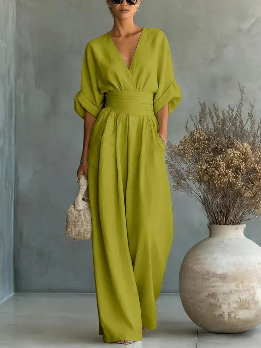 Elegante tuta a vita alta con scollo a V